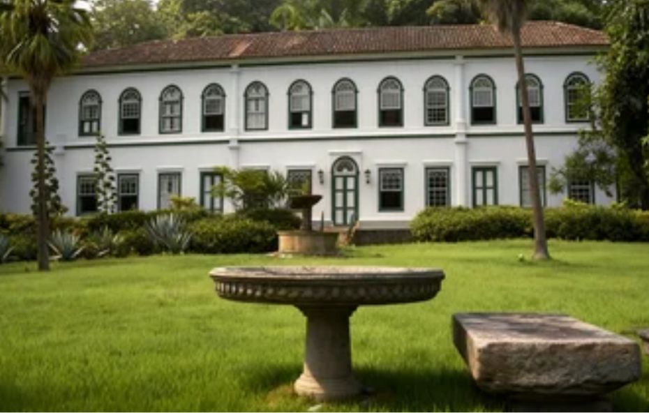 Fachada de um grande casarão colonial branco com inúmeras janelas de arco e detalhes em verde cercado por um amplo jardim gramado com chafariz de pedra.