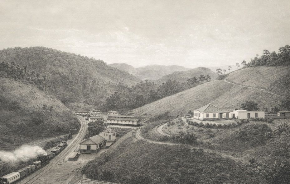 Ilustração antiga em tons de sépia mostrando uma locomotiva a vapor percorrendo trilhos entre montanhas com pequenas casas coloniais espalhadas pelas encostas em Engº Paulo de Frontin.