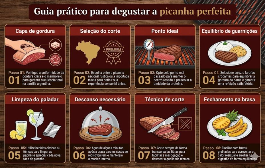 Infográfico com oito quadros numerados sobre fundo de madeira descrevendo o passo a passo técnico para degustar picanha em Ipiabas.