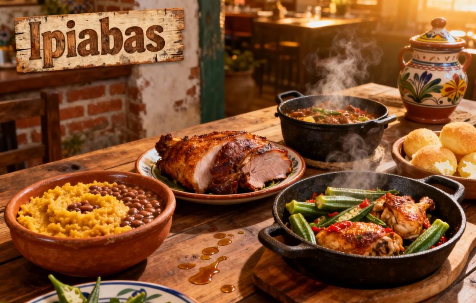 Fotografia de uma mesa de madeira rústica com pratos de comida mineira incluindo porco assado feijão tutu frango com quiabo e pães de queijo sob uma placa de madeira escrita Ipiabas.