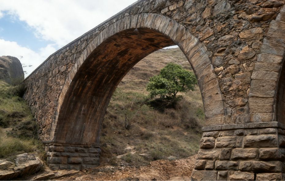Ponte de pedra antiga com grande arco estrutural construída em alvenaria de rocha rústica sobre terreno montanhoso em Conservatória.