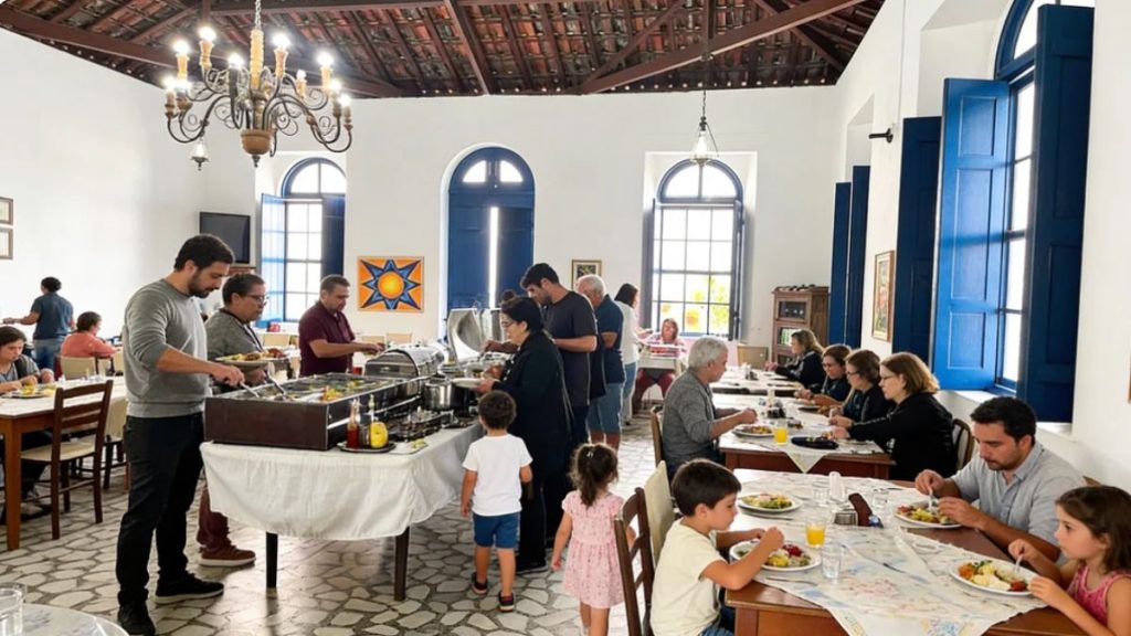 Uma fotografia interna de um restaurante amplo com teto de madeira aparente e lustres clássicos. No centro, há uma mesa de buffet com réchauds de metal onde clientes se servem. À direita, pessoas estão sentadas em mesas de madeira almoçando. O ambiente possui paredes brancas, janelas altas com molduras azuis e um piso de pedras claras. A cena mostra adultos e crianças em um momento de refeição tranquila.