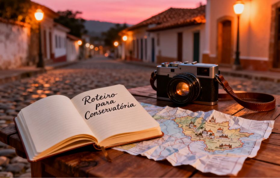 Câmera fotográfica antiga ao lado de um mapa aberto e um caderno com a frase roteiro para Conservatória sobre uma mesa de madeira em uma rua de paralelepípedos ao entardecer.
