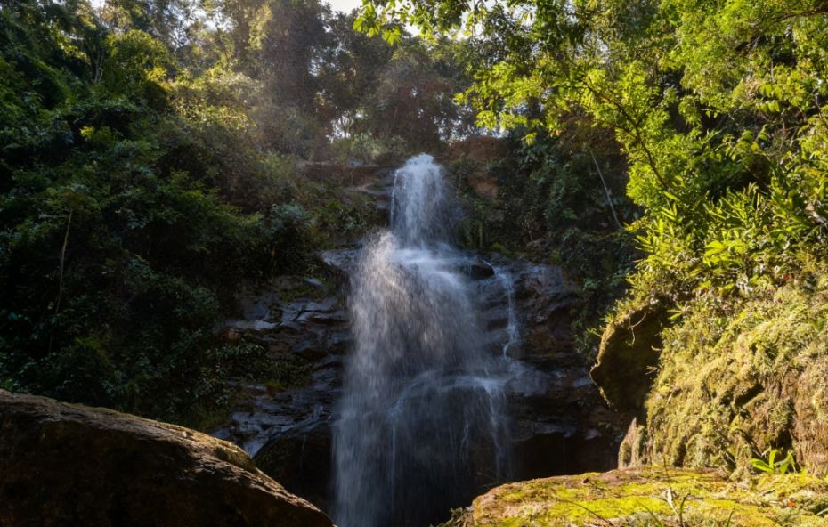Fotografia de uma cachoeira alta com queda d'água branca e vigorosa sobre rochas escuras cercada por vegetação densa de Mata Atlântica em Engº Paulo de Frontin.