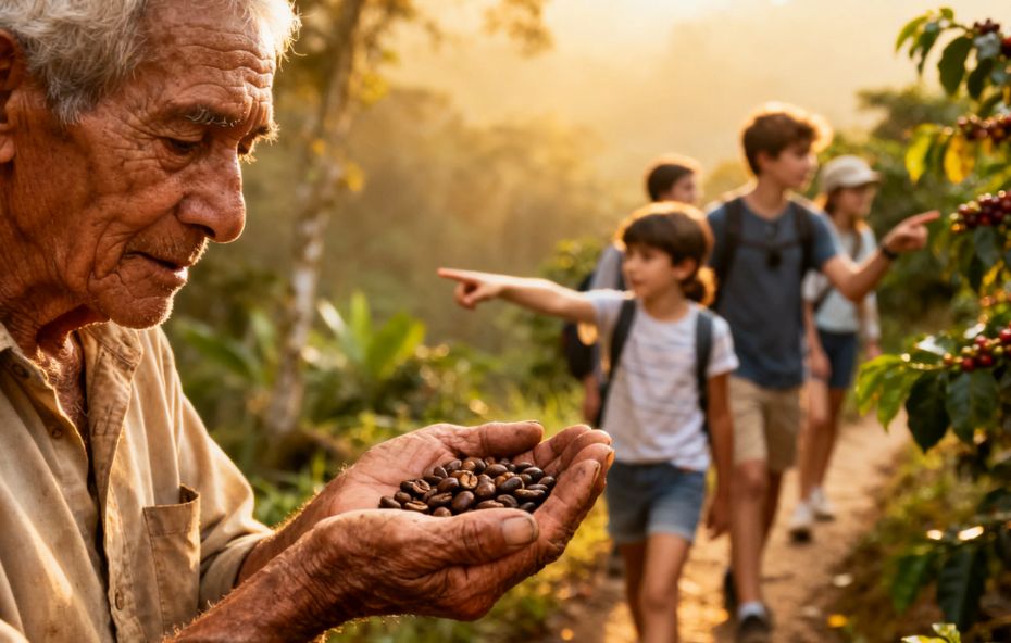 Um senhor idoso com mãos calejadas segura grãos de café torrados em primeiro plano enquanto um grupo de jovens estudantes observa cafezais ao fundo sob a luz do pôr do sol em Engº Paulo de Frontin.