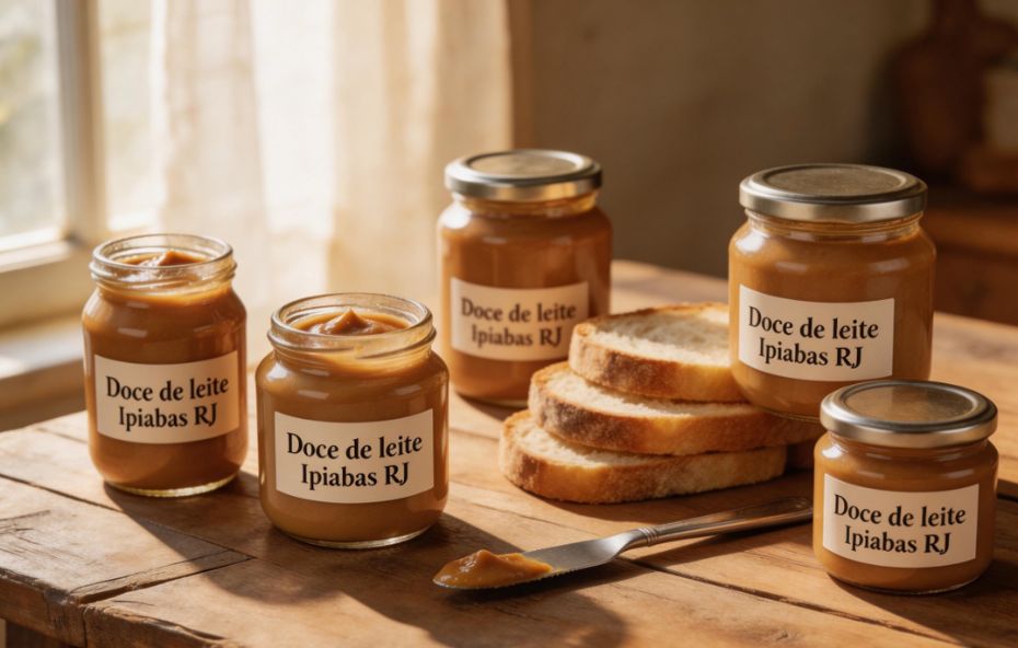 Cinco potes de vidro de diferentes tamanhos cheios de doce de leite cremoso estão dispostos sobre uma mesa de madeira rústica iluminada pelo sol. Ao centro há fatias de pão artesanal empilhadas e uma espátula com um pouco do doce em primeiro plano.