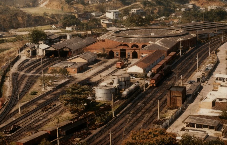 Fotografia aérea de um vasto pátio ferroviário com múltiplas linhas de trilhos paralelas onde se veem vagões de carga e uma grande estrutura circular de manutenção ao fundo.
