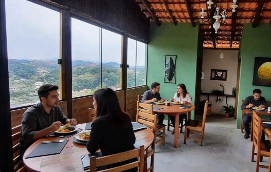 Interior de um restaurante com paredes verdes e grandes janelas de vidro que revelam uma vista de montanhas e vales. Pessoas estão sentadas em mesas de madeira redondas fazendo suas refeições enquanto apreciam a paisagem externa.