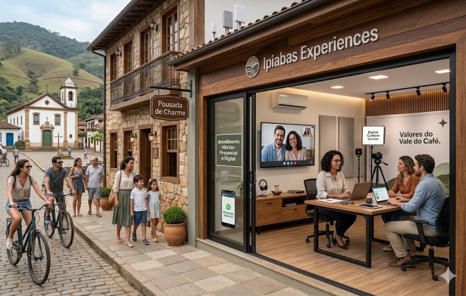 A imagem mostra uma rua de paralelepípedos em uma vila charmosa, com construções históricas de pedra e madeira sob um céu nublado. À esquerda, uma família caminha e um casal anda de bicicleta em direção a uma igreja colonial ao fundo. À direita, está a agência de turismo Ipiabas Experiences, com fachada moderna e uma grande porta de vidro que revela o interior do escritório. Dentro, três agentes de turismo estão sentados em uma mesa de reunião com laptops, enquanto um monitor na parede exibe uma videoconferência com dois clientes sorridentes. Ao lado, há um canto de produção de conteúdo digital com tripé e câmera. Uma placa na porta de vidro indica atendimento presencial e digital.
