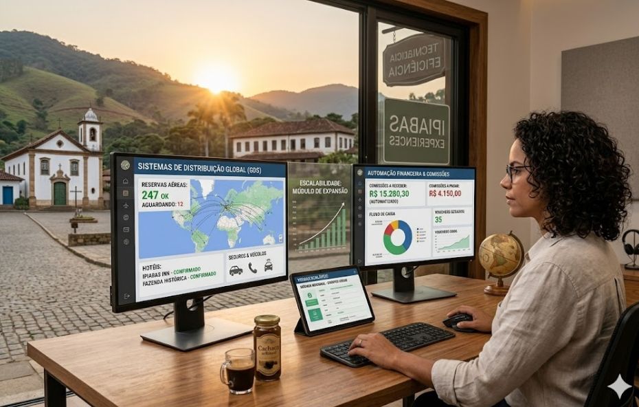 Uma mulher com óculos e cabelos cacheados está sentada diante de uma mesa de madeira, de perfil para a direita, mexendo em um teclado de computador. Ela olha para dois monitores grandes à sua frente. O monitor da esquerda exibe um mapa global e gráficos sob o título "Sistemas de Distribuição Global (GDS)". O monitor da direita mostra tabelas e um gráfico de pizza sob o título "Automação Financeira & Comissões". Há um tablet sobre a mesa com a tela em pé, uma xícara de café, um vidro de cachaça artesanal e um globo terrestre pequeno. Pela janela atrás dela, vê-se a praça de uma vila histórica com uma igreja e montanhas ao fundo, sob a luz do sol poente. No vidro da janela, há adesivos com o texto "IPIABAS EXPERIENCES" e "EFICIÊNCIA TECNOLÓGICA".