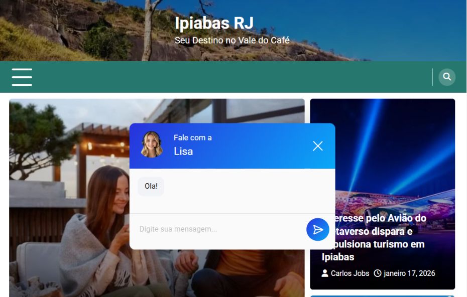 Tela do Portal Turístico de Ipiabas mostrando a assistente virtual Lisa iniciando uma conversa para orientar turistas com informações sobre hospedagem, gastronomia, eventos e atrações no distrito de Ipiabas no Vale do Café.