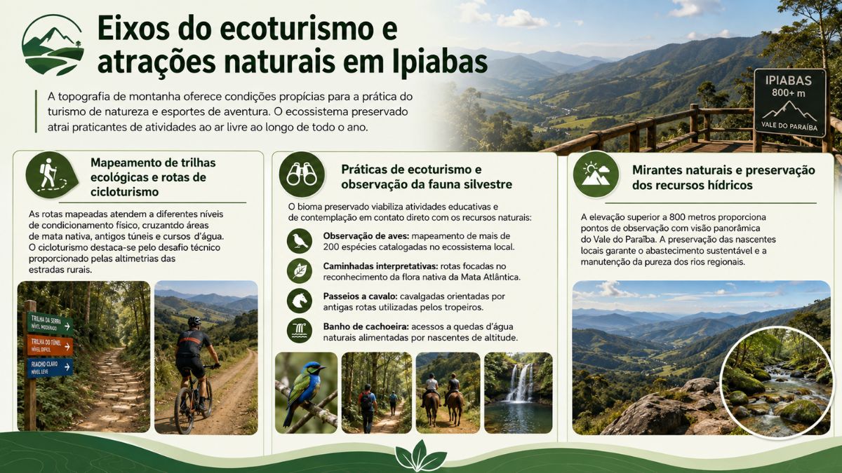 Infográfico sobre ecoturismo em Ipiabas RJ mostrando trilhas ecológicas, cicloturismo, observação de aves e mirantes panorâmicos de altitude.