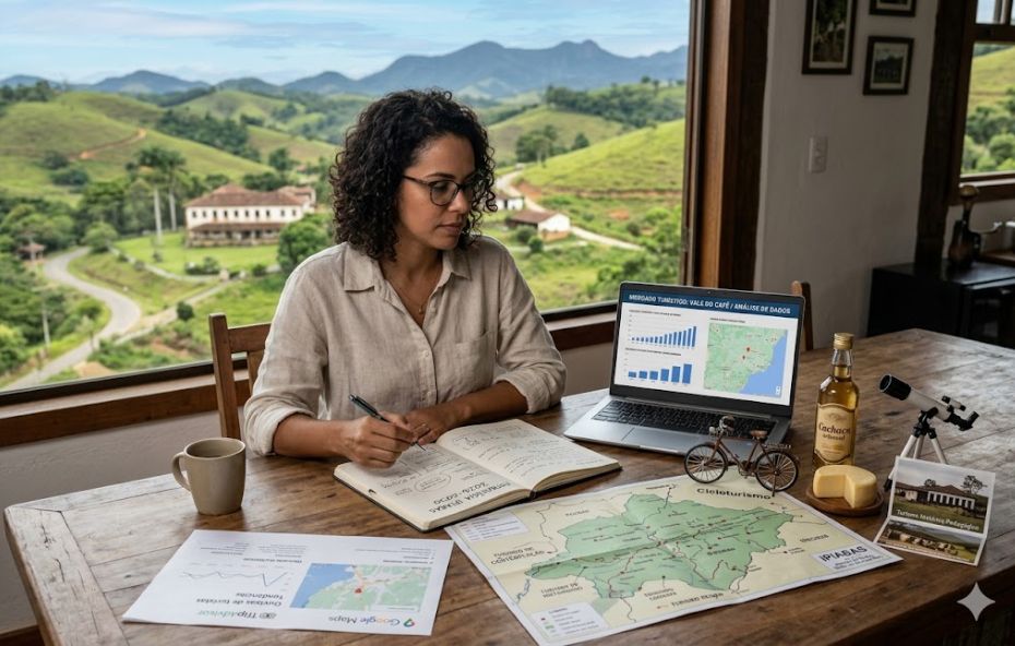 Uma mulher com óculos e cabelos cacheados sentada à mesa de madeira, escrevendo em um caderno. À sua frente, um laptop aberto exibe gráficos e um mapa. Há também um mapa de Ipiabas estendido sobre a mesa, uma miniatura de bicicleta, garrafa de cachaça, queijo e panfletos turísticos. Pela janela, avista-se uma paisagem de colinas verdes com uma fazenda histórica.