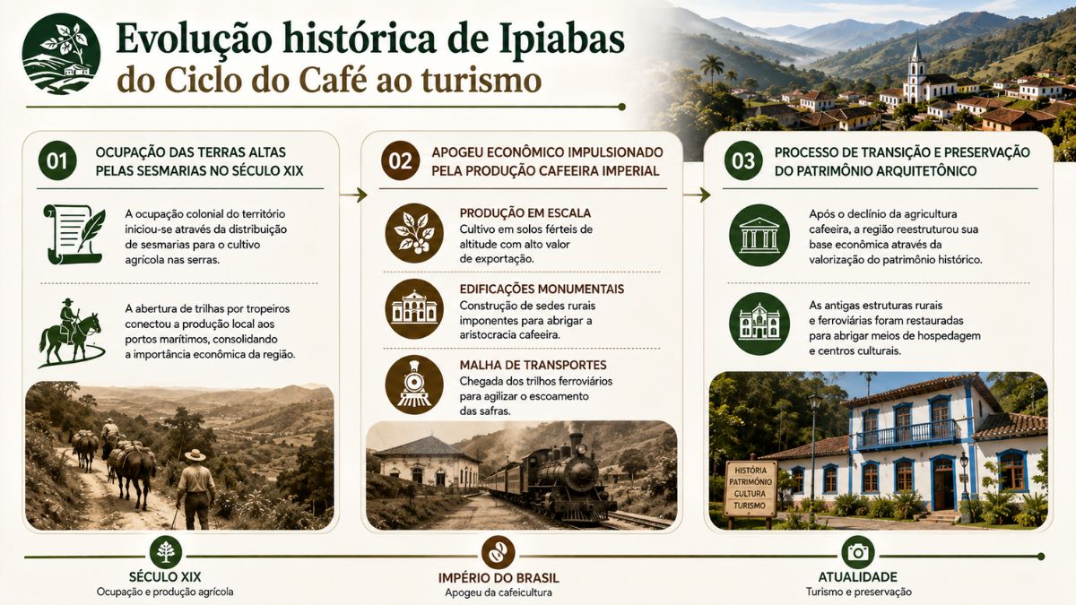 Infográfico sobre a história de Ipiabas mostrando a ocupação por sesmarias no século XIX, o apogeu do café e a preservação patrimonial.