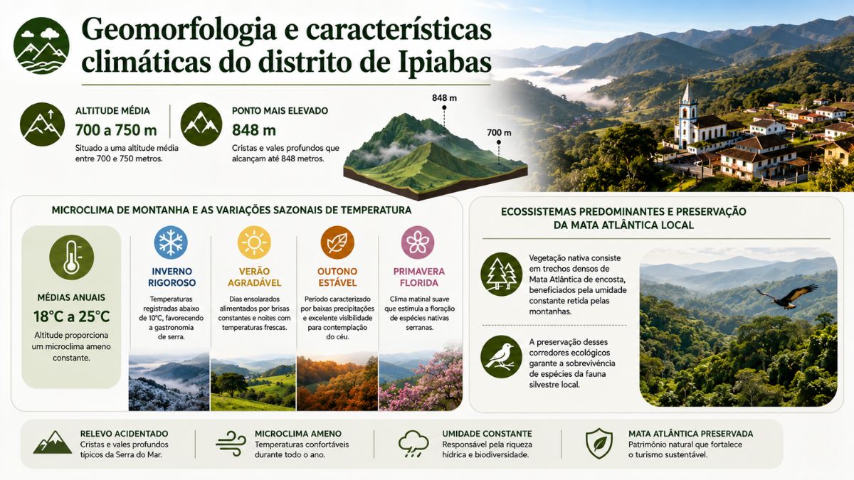 Infográfico sobre o clima de montanha em Ipiabas RJ com detalhes de altitude de 750 metros e estações do ano.
