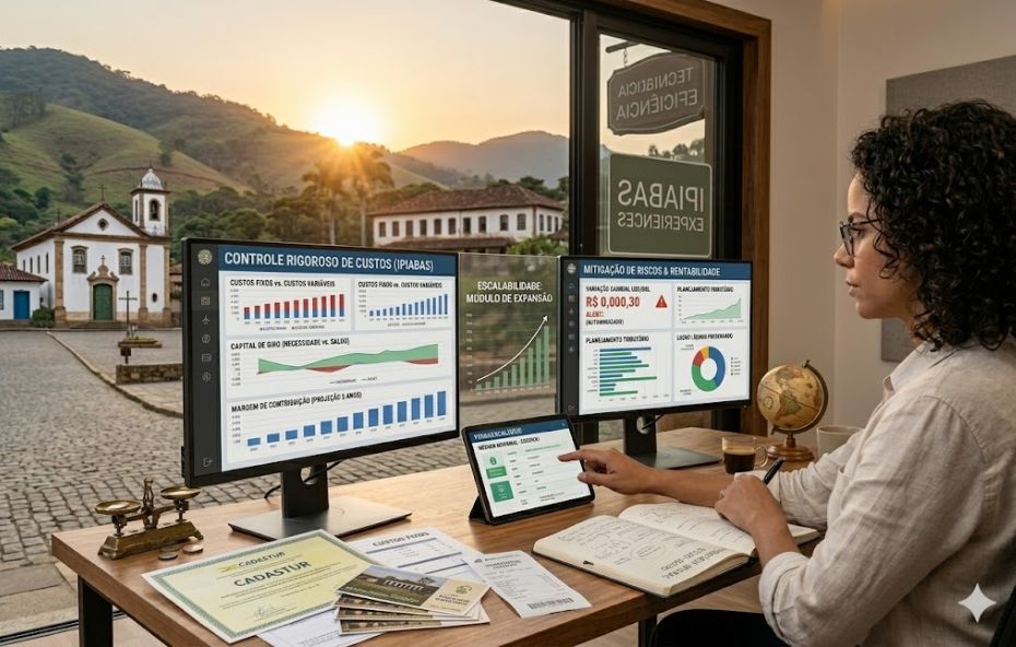 Uma mulher com óculos e cabelos cacheados está sentada de perfil para a direita em uma mesa de madeira, mexendo em um tablet e segurando uma caneta sobre um caderno aberto. Ela olha para dois monitores de computador à sua frente. O monitor da esquerda mostra gráficos sob o título "CONTROLE RIGOROSO DE CUSTOS (IPIABAS)". O monitor da direita exibe tabelas sob o título "MITIGAÇÃO DE RISCOS & RENTABILIDADE". Sobre a mesa, há também um certificado do Cadastur, recibos, fotos, uma balança antiga e um globo terrestre. Pela janela atrás dela, vê-se a praça de uma vila histórica com uma igreja e montanhas ao fundo, sob a luz do sol poente. No vidro da janela, há adesivos com o texto "IPIABAS EXPERIENCES" e "EFICIÊNCIA TECNOLÓGICA".