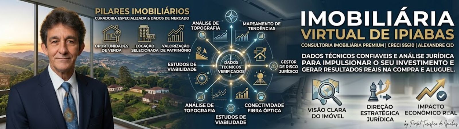 Um banner institucional de 1600x450 pixels dividido em duas seções. À esquerda, o retrato de Alexandre Cid em terno marinho e gravata azul. À direita, um esquema analítico detalhado com ícones sobre oportunidades de venda, locação e valorização, centrados em um esquema de dados técnicos verificados e métricas de mercado sobre Ipiabas e o Vale do Café.