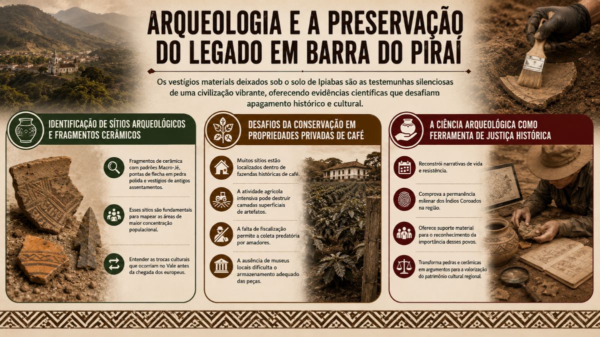 Infográfico sobre arqueologia em Barra do Piraí mostrando fragmentos cerâmicos, desafios de conservação em fazendas e preservação do patrimônio cultural.