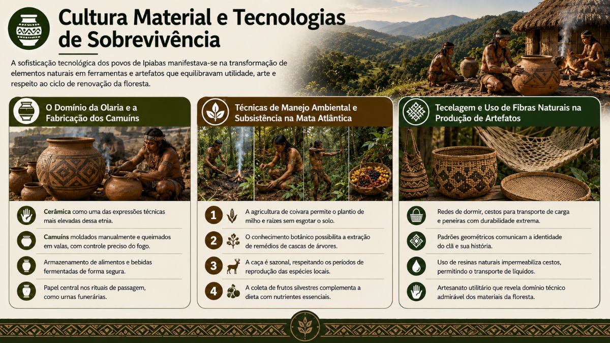Infográfico sobre a cultura material indígena em Ipiabas com produção de camuíns, técnicas de manejo na Mata Atlântica e tecelagem.