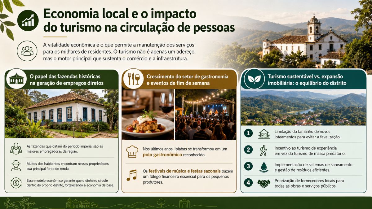 Infográfico sobre a economia de Ipiabas mostrando a geração de empregos em fazendas históricas, gastronomia local e turismo sustentável.