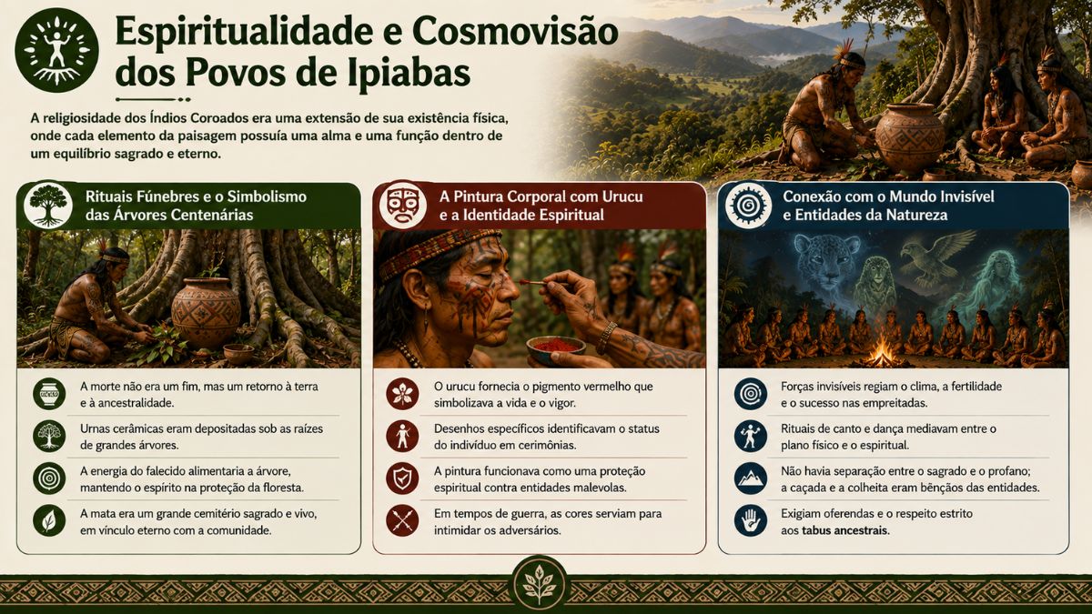 Infográfico sobre a espiritualidade dos povos de Ipiabas detalhando rituais fúnebres, pintura corporal com urucu e conexão com entidades da natureza.