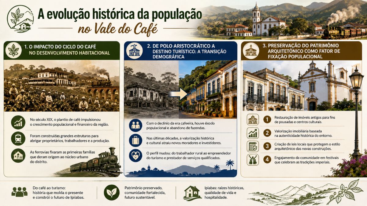 Infográfico mostrando a evolução demográfica de Ipiabas desde o ciclo do café no século XIX até a transição para o turismo e a preservação arquitetônica.