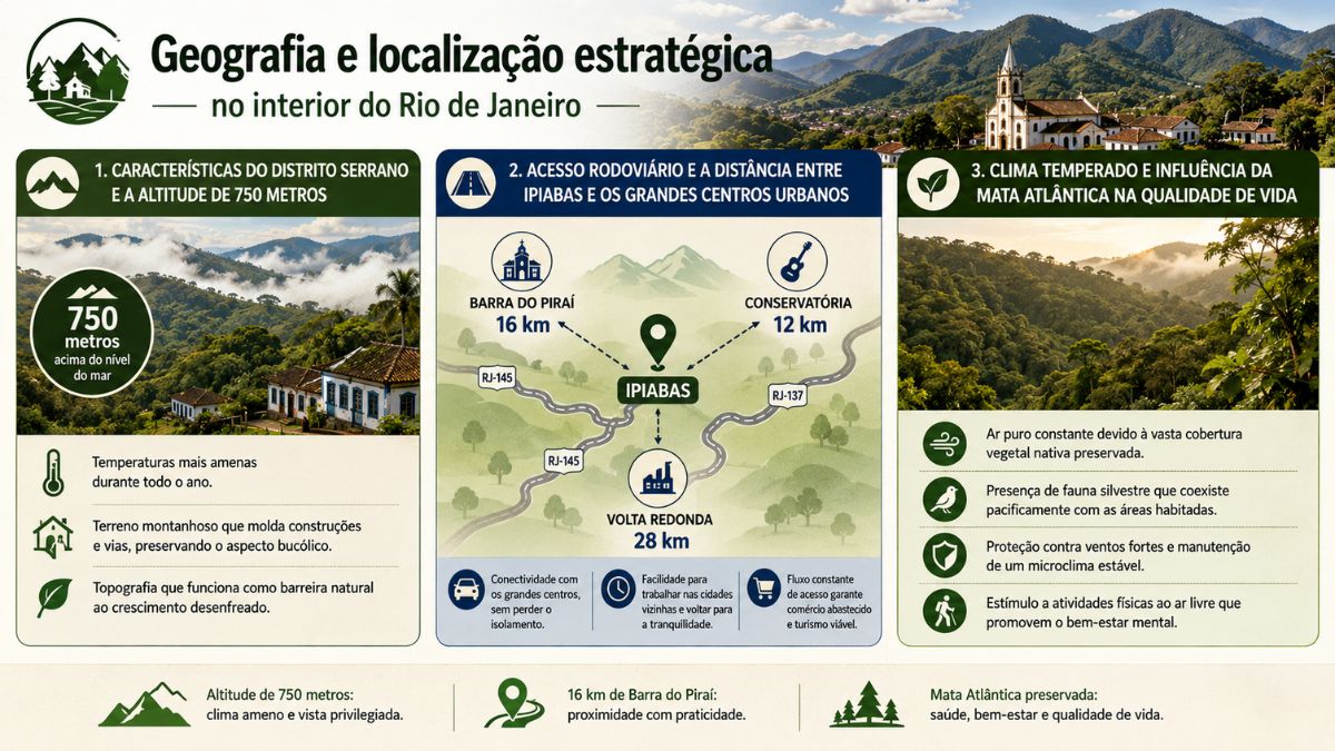 Infográfico mostrando a localização geográfica de Ipiabas a 750 metros de altitude com distâncias para Barra do Piraí, Conservatória e Volta Redonda.