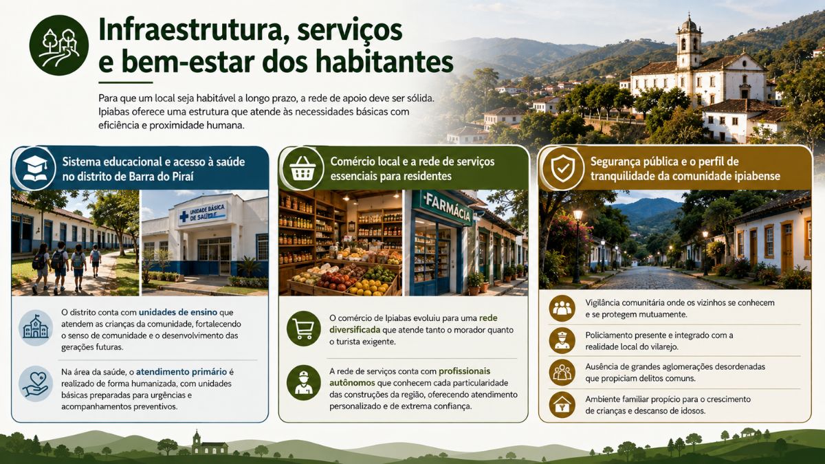Infográfico sobre a infraestrutura de Ipiabas destacando o sistema educacional, unidade básica de saúde, comércio local e segurança pública.