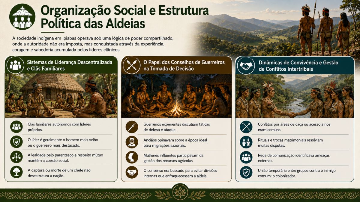 Infográfico sobre a estrutura política das aldeias indígenas em Ipiabas com liderança descentralizada, conselhos de guerreiros e gestão de conflitos.