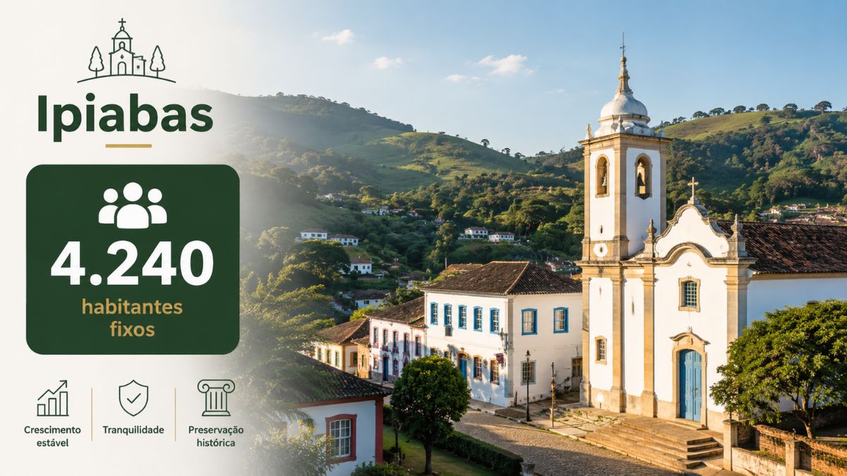 Infográfico sobre a população de Ipiabas indicando 4.240 habitantes fixos com dados sobre crescimento estável, tranquilidade e preservação histórica no Vale do Café.
