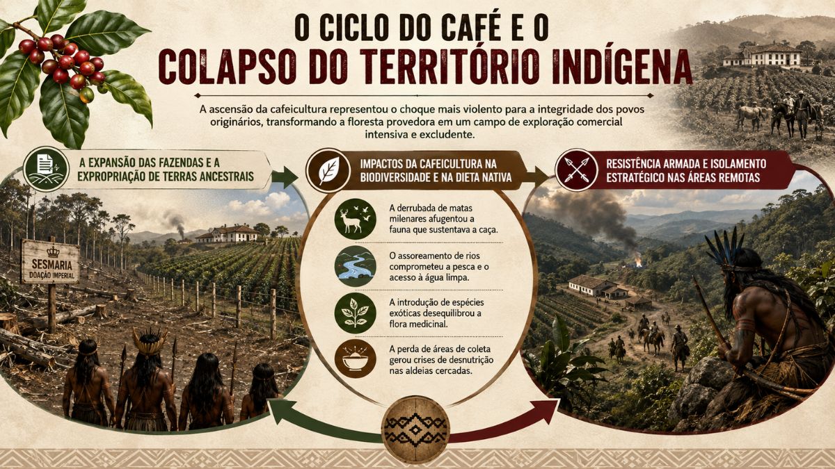 Infográfico sobre o ciclo do café e a expropriação de terras indígenas, mostrando impactos na biodiversidade e a resistência nativa em Ipiabas.