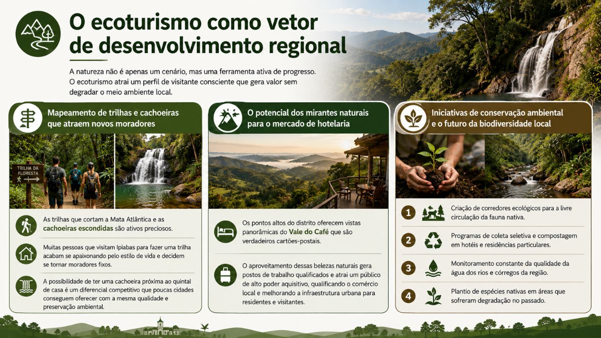 Infográfico sobre ecoturismo em Ipiabas destacando trilhas em Mata Atlântica, cachoeiras, mirantes panorâmicos e ações de conservação ambiental.