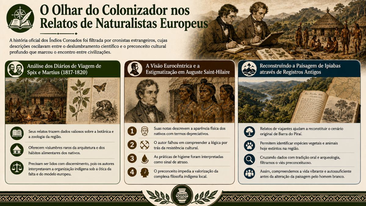 Infográfico sobre relatos de naturalistas europeus como Spix, Martius e Saint-Hilaire sobre os índios Coroados e a paisagem antiga de Ipiabas.