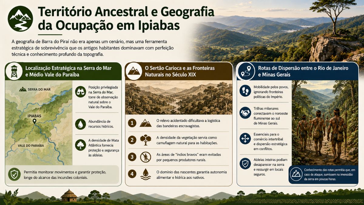 Infográfico sobre o território ancestral em Ipiabas mostrando a localização na Serra do Mar, Sertão Carioca e rotas de dispersão indígenas.