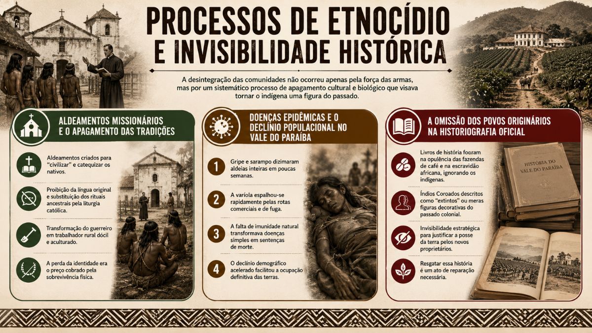 Infográfico sobre etnocídio indígena detalhando aldeamentos missionários, doenças epidêmicas no Vale do Paraíba e a omissão na historiografia oficial.