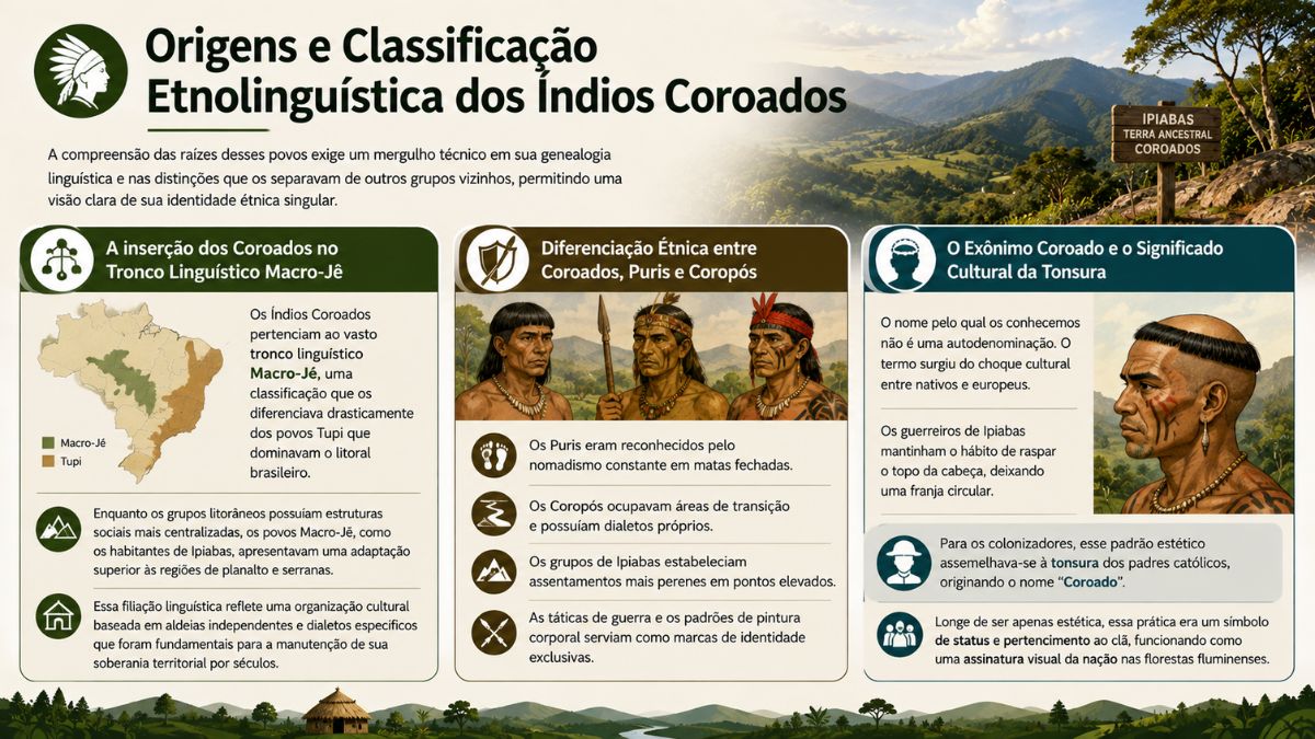Infográfico sobre a origem etnolinguística dos índios Coroados no tronco Macro-Jê, diferenciação de Puris e Coropós e o significado cultural da tonsura.