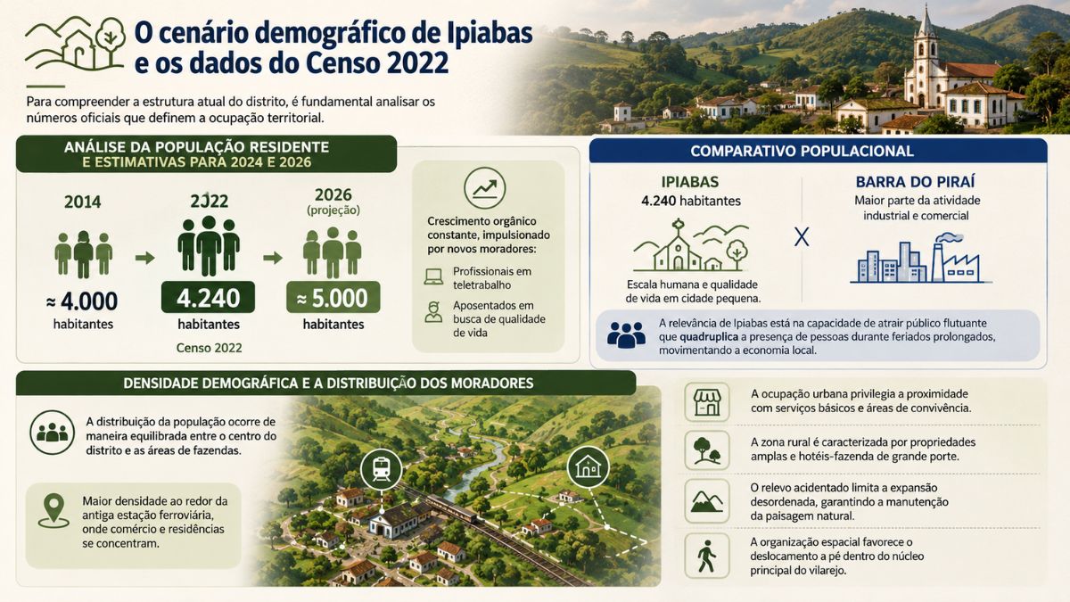 Infográfico detalhado sobre a demografia do distrito de Ipiabas mostrando a evolução populacional do Censo 2022 e o comparativo com Barra do Piraí.