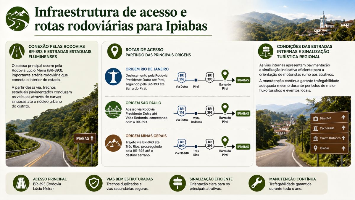 Infográfico de como chegar a Ipiabas RJ pelas rodovias BR-393 e Via Dutra saindo do Rio de Janeiro e São Paulo.