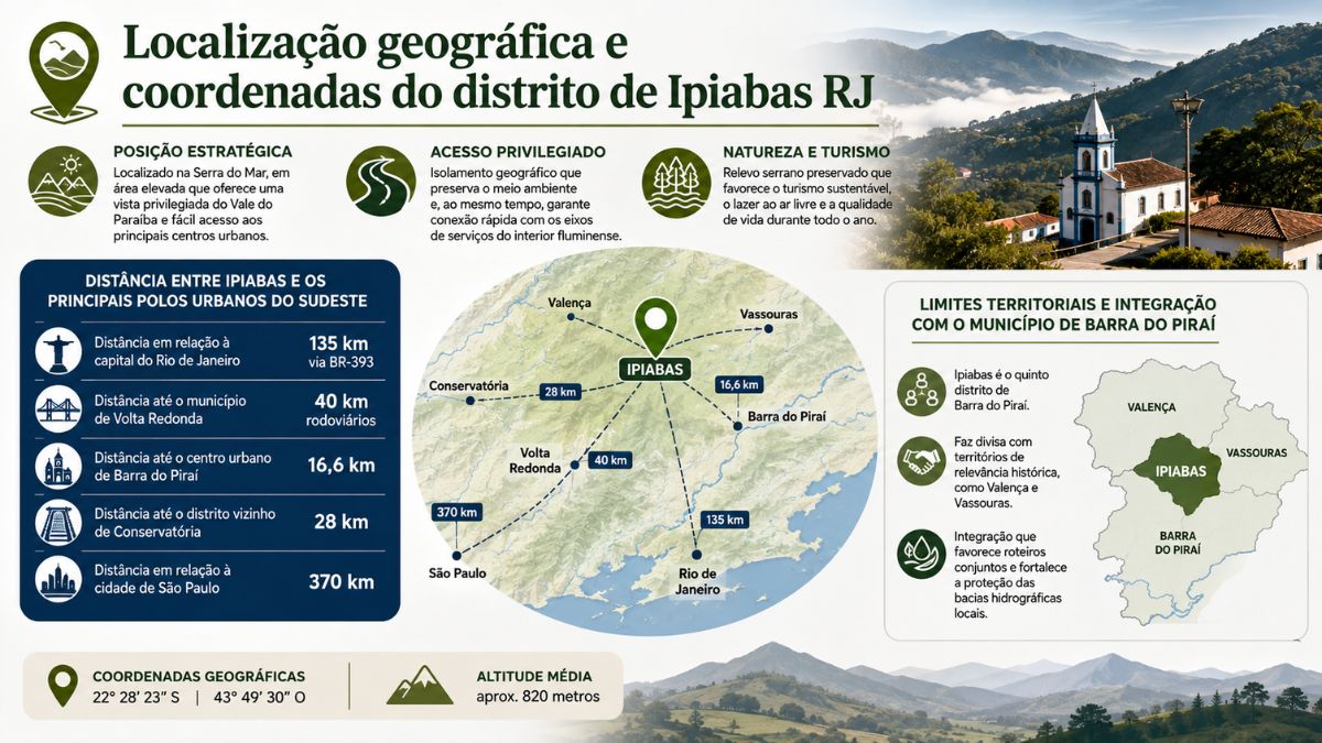 Infográfico sobre onde fica Ipiabas RJ com distâncias até o Rio de Janeiro, Barra do Piraí e mapa de limites territoriais.