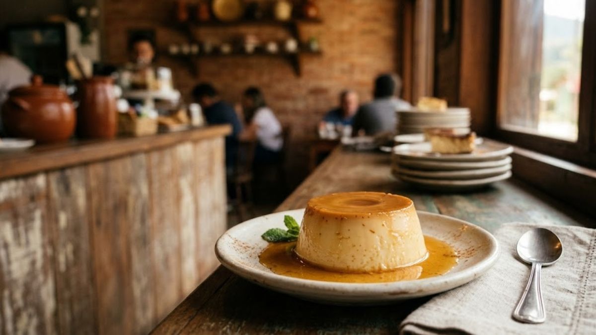 Fotografia em close de um pudim de leite condensado com calda de caramelo brilhante, decorado com folhas de hortelã, sobre um balcão de madeira em ambiente rústico com pessoas ao fundo.