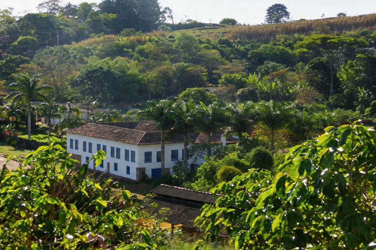 Fotografia colorida em plano aberto mostrando um casarão colonial branco com janelas de molduras azuis aninhado em um vale verdejante com palmeiras imperiais e montanhas densamente arborizadas ao fundo.