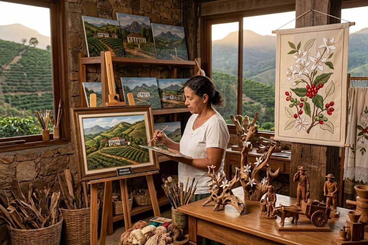 Fotografia colorida e bem iluminada do interior de um ateliê de arte rústico com paredes de pedra e grandes janelas que revelam uma plantação de café em montanhas ao fundo. No centro, uma artista mulher de meia-idade, vestindo blusa branca, está em pé pintando em um cavalete um quadro de uma fazenda histórica cercada por cafezais. O espaço está repleto de suas obras, incluindo várias outras pinturas de paisagens de fazendas em prateleiras, esculturas de madeira entalhada representando trabalhadores rurais e um carro de boi sobre uma mesa, e um grande bordado pendurado mostrando flores e frutos de café vermelhos e verdes. Diversos pincéis, novelos de linha e cestos de madeira rústica completam a cena.