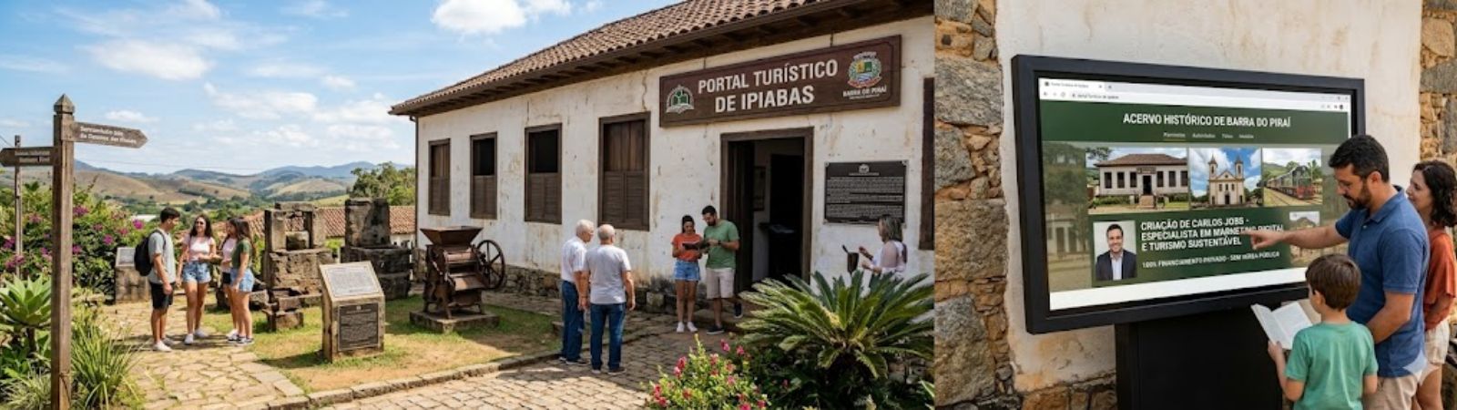 Fotografia realista do exterior do Portal Turístico de Ipiabas, onde visitantes interagem com totens históricos e um quiosque digital que exibe a página do acervo de Barra do Piraí.