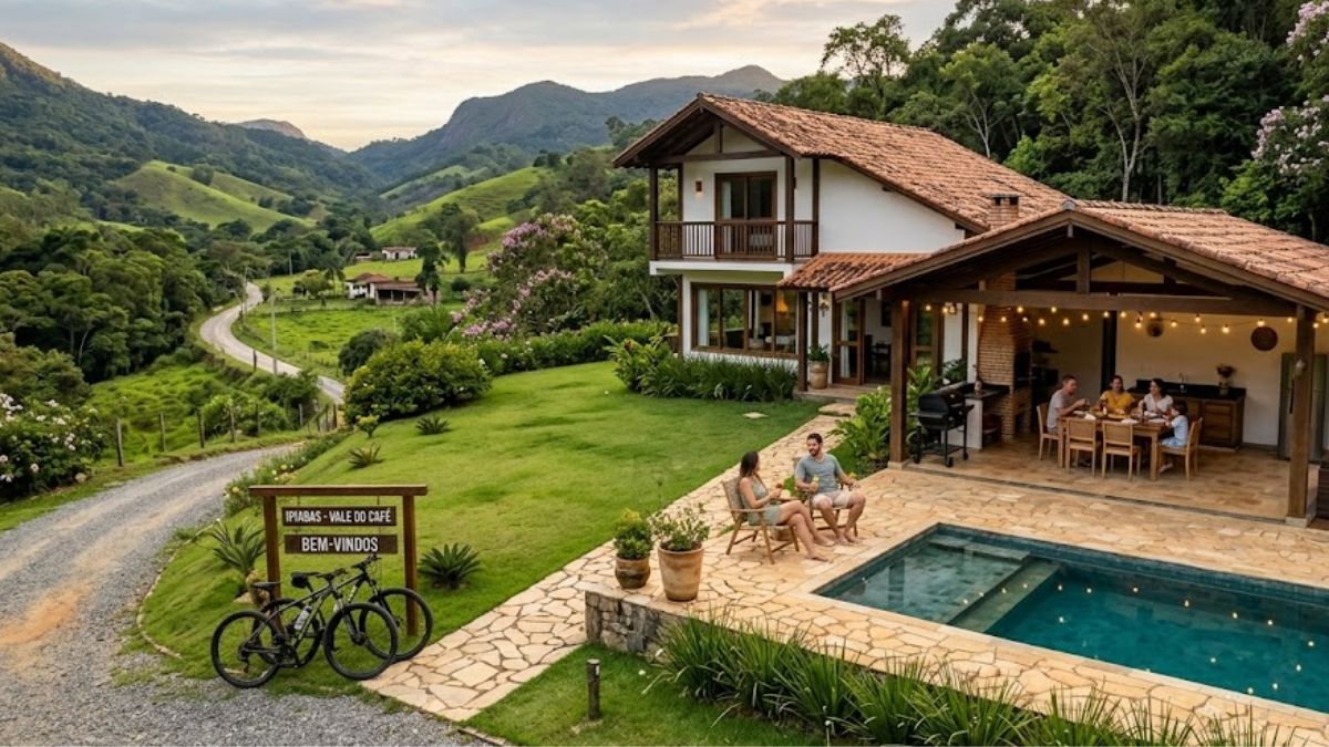 Fotografia colorida de uma casa de campo rústica e moderna em Ipiabas com piscina, área gourmet com churrasqueira e pessoas relaxando em um vale verde cercado por montanhas durante o pôr do sol.