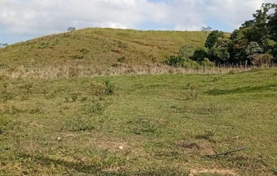 Vasta extensão de campo gramado em declive suave com colinas verdes ao fundo sob um céu com nuvens esparsas.