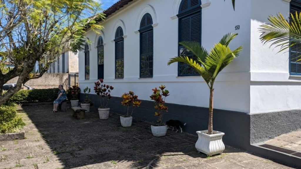 Um casarão branco com janelas de arcos azuis possui um pátio de pedras com vasos de plantas e uma palmeira.