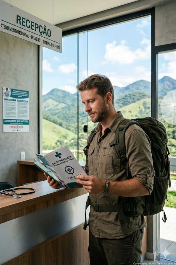 Fotografia ultra realista de um turista com mochila de trilha em uma recepção médica moderna e iluminada. Ele segura um guia impresso com o título Saúde Integrada enquanto observa a paisagem de montanhas de Ipiabas através de uma grande janela de vidro. Na parede ao fundo, uma placa indica o setor de recepção e atendimento regional para Ipiabas e Barra do Piraí com profissionalismo.