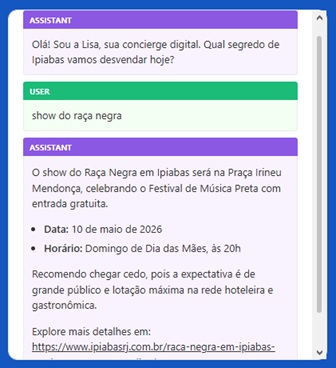 Interface do chat da inteligência artificial Lisa exibindo data e horário do show gratuito do grupo Raça Negra em Ipiabas.