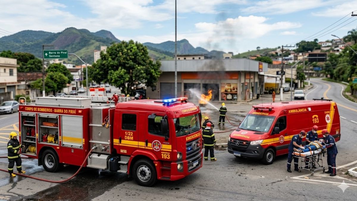 Fotografia realista em nível da rua mostrando bombeiros e veículos em ação de emergência em Barra do Piraí, Rio de Janeiro. No centro, um caminhão autobomba tanque vermelho está estacionado com luzes de emergência ligadas. À direita, uma ambulância vermelha de resgate está com as portas traseiras abertas e bombeiros prestam atendimento a uma pessoa em uma maca. Dois bombeiros combatem um pequeno incêndio com uma mangueira ao fundo. A cena ocorre em uma rua de asfalto com prédios e montanhas ao fundo sob um céu nublado.