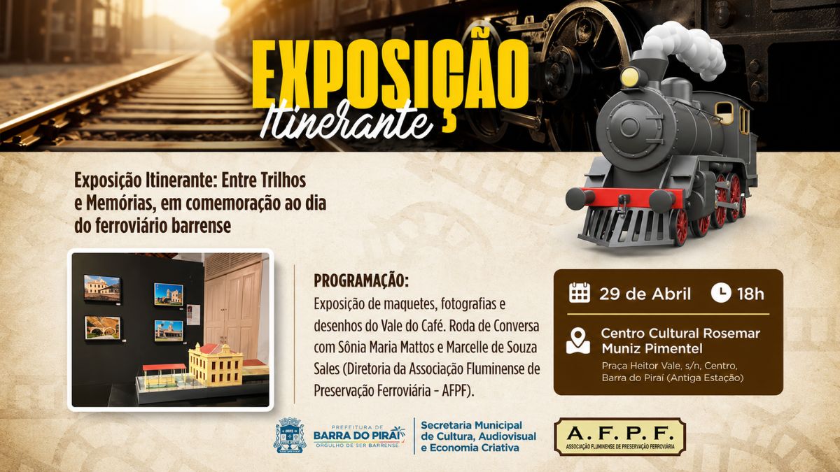 Cartaz ilustrado com locomotiva a vapor e trilhos ao pôr do sol anunciando evento ferroviário em Barra do Piraí.